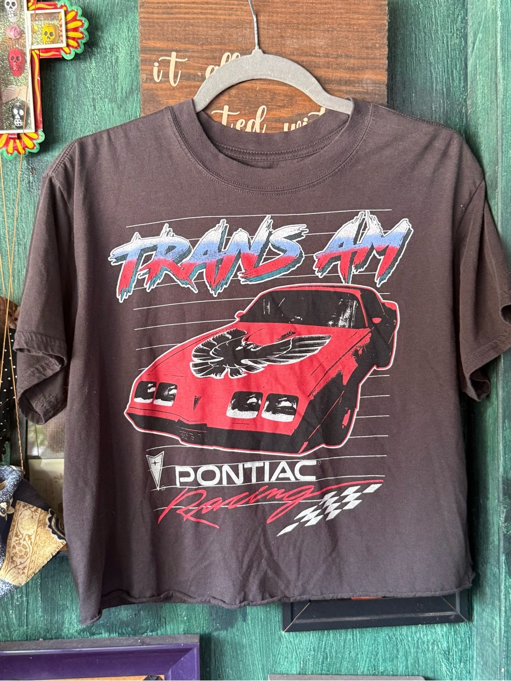 Pontiac Trans Am Racing Graphic Tee Black Distressed Crop Top L